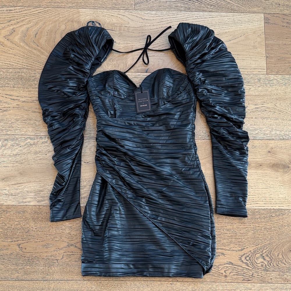 Black Ruched Puff-Sleeve Mini Dress by Unknown Brand